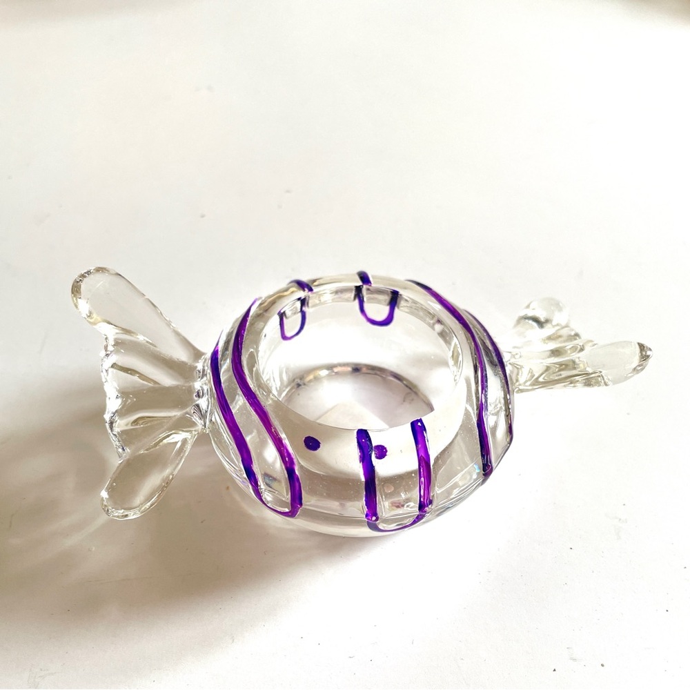 Vintage Hand Blown Art Glass Candy Votive Candle Holder Purple Stripe Clear